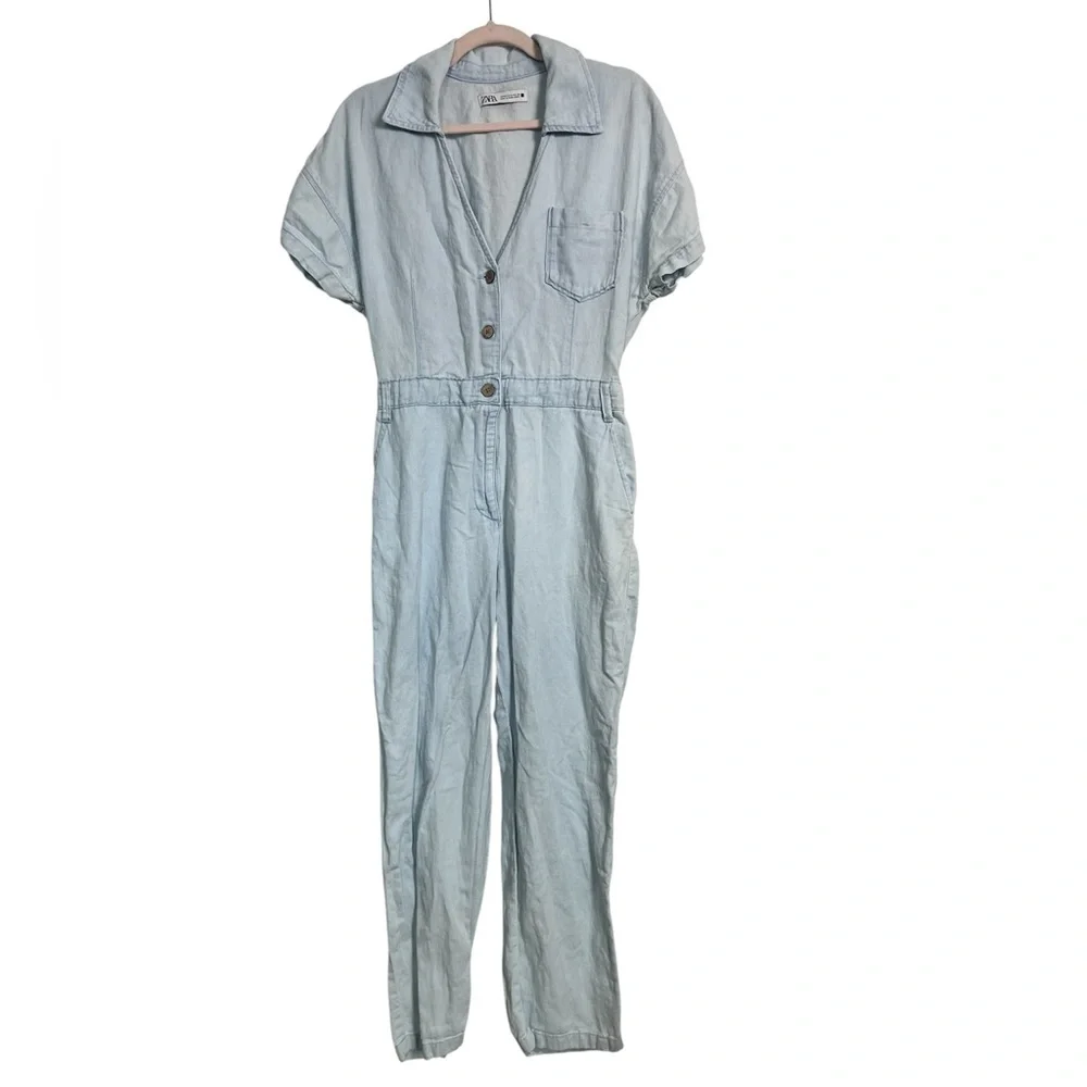 Zara Women’s Blue Denim Cotton‎ Linen Blend Jumpsuit Size Medium